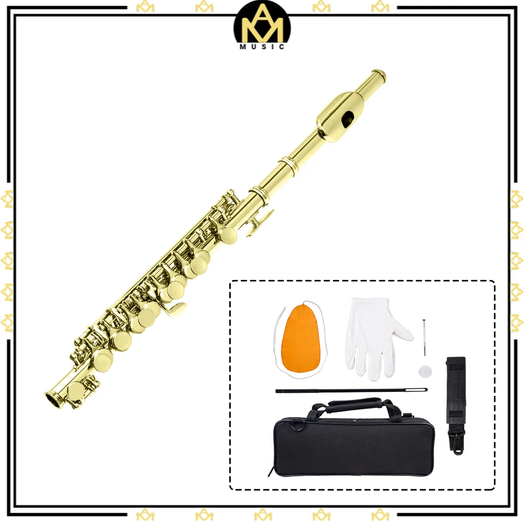 Enlarge Gold Plated Piccolo Set W/ Pro Case Cleaning Rod And Cloth And Gloves Solo Piccolo For Most Players