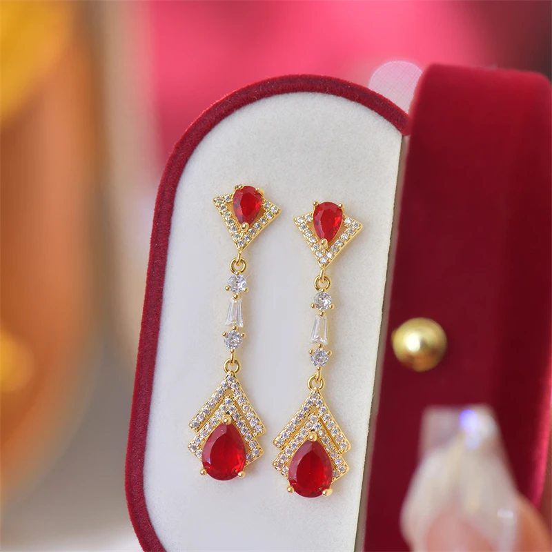Модные длинные серьги-подвески из красного циркона в форме капли воды для женщин