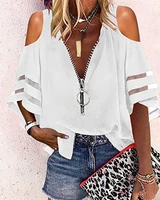 2022 new v neck zipper shirt half flare sleeve grid stitching loose casual shirt women tops