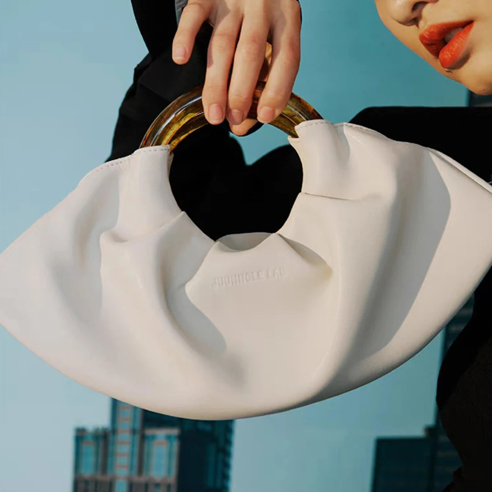 Pleated Satins Cloud Bags for Women Acrylic Round Handle Handbags Silk Evening Bag Party Wedding Purses Half Moon Dumpling Bags