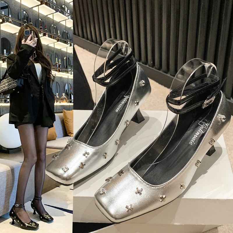 Туфли-лодочки женские с ремешком на щиколотке натуральная кожа серебристые