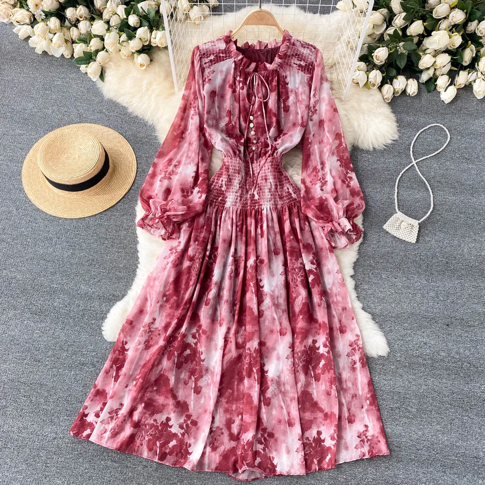 

Spring New Casual Women Printed Party Dress Bohemian Puff Long Sleeve High Waist Ruffle Collar Midi Robe Female Vestidos Mujer