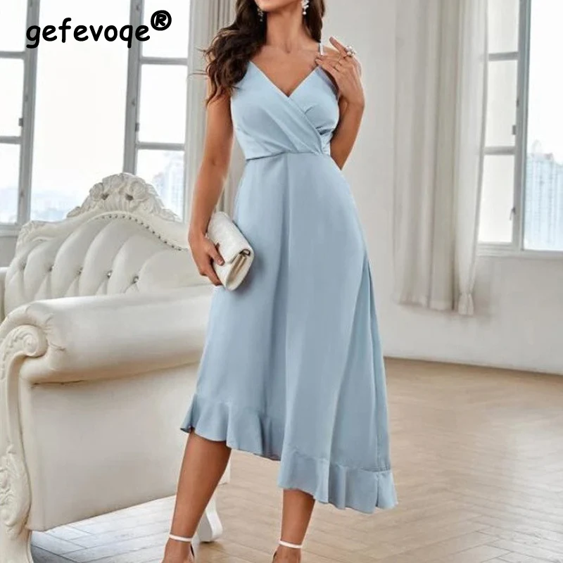 

2022 Summer Women's Spaghetti Strap Sexy Backless Ruffle Solid Midi Dress V Neck Asymmetrical Elegant Slim Party Dresses Vestido