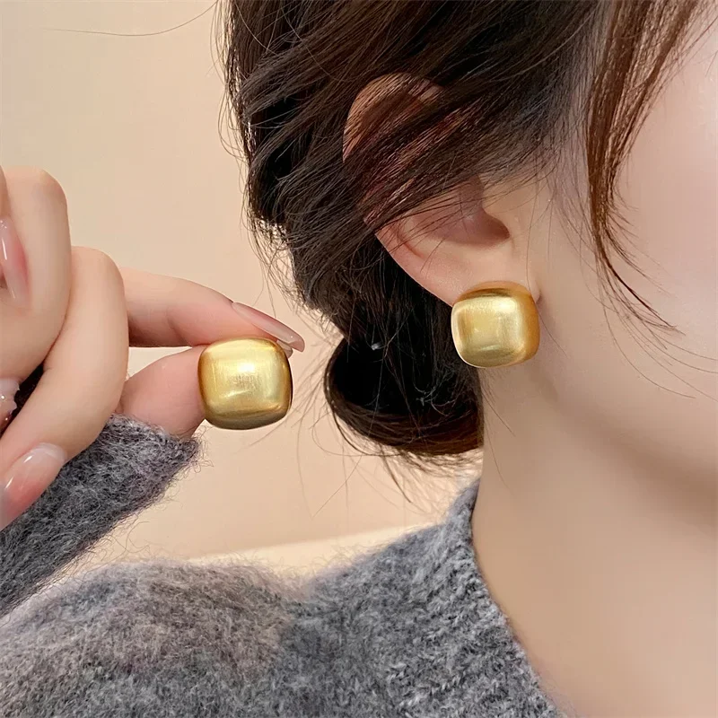 

France new design fashion jewelry 14K gold plated block metal brushed earrings elegant women's daily work accessories