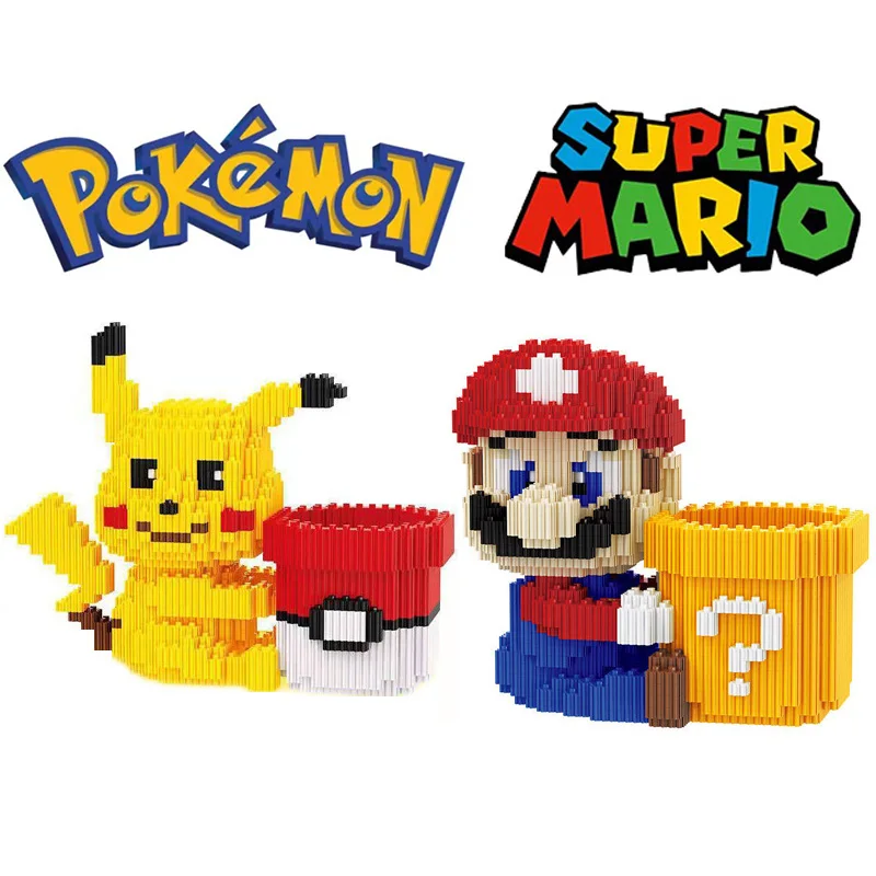 Pokemon Super Mario Building Blocks Pikachu Pen holder Bricks Anime Mini Action Figures Heads Assembly Toys Kids Birthday Gifts