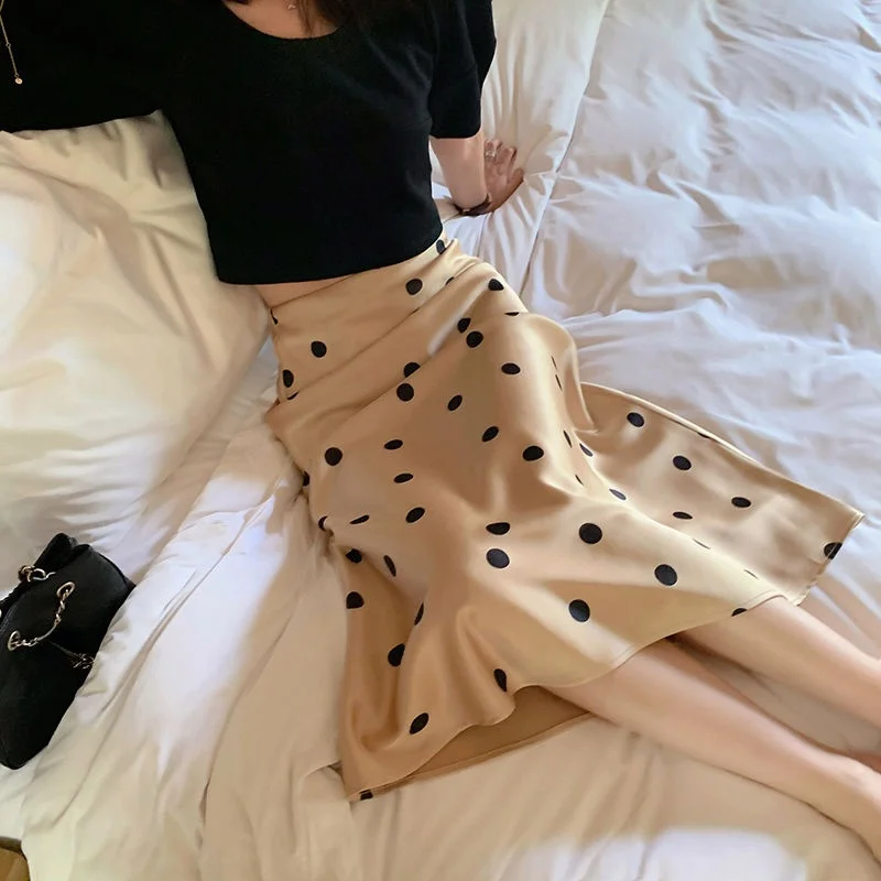 

Jupe Femme Temperament French Retro Slim Elegant Trendy High Waist Polka Dot Satin Skirt Women Faldas Mujer Sexy Wild Fashion