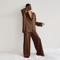 chocolate color home simulation silk trousers suit spring and summer womens thin ice silk elastic slim fit loose pajamas suit