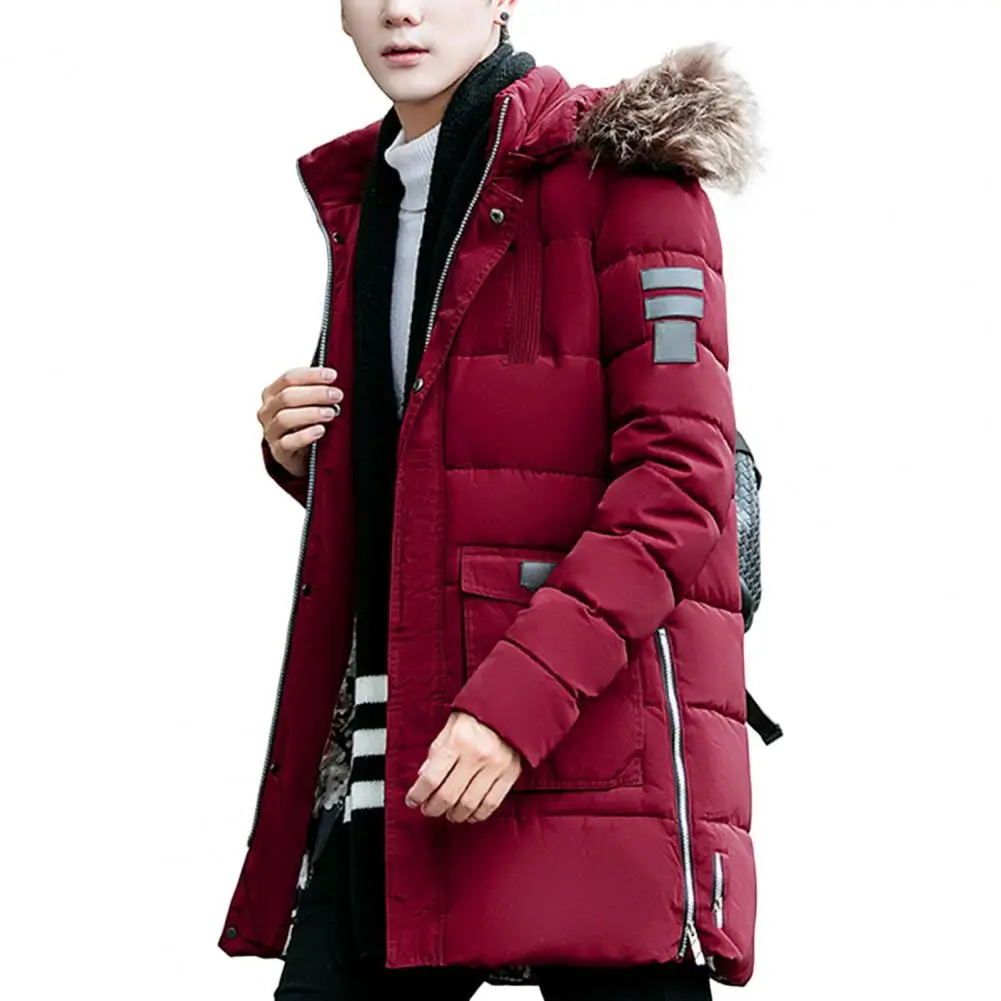 Men Cotton Coat Hooded Zipper Split Solid Color Padded Furry Keep Warm Thicken Zipper Plus Size Men Down Coat for Camping