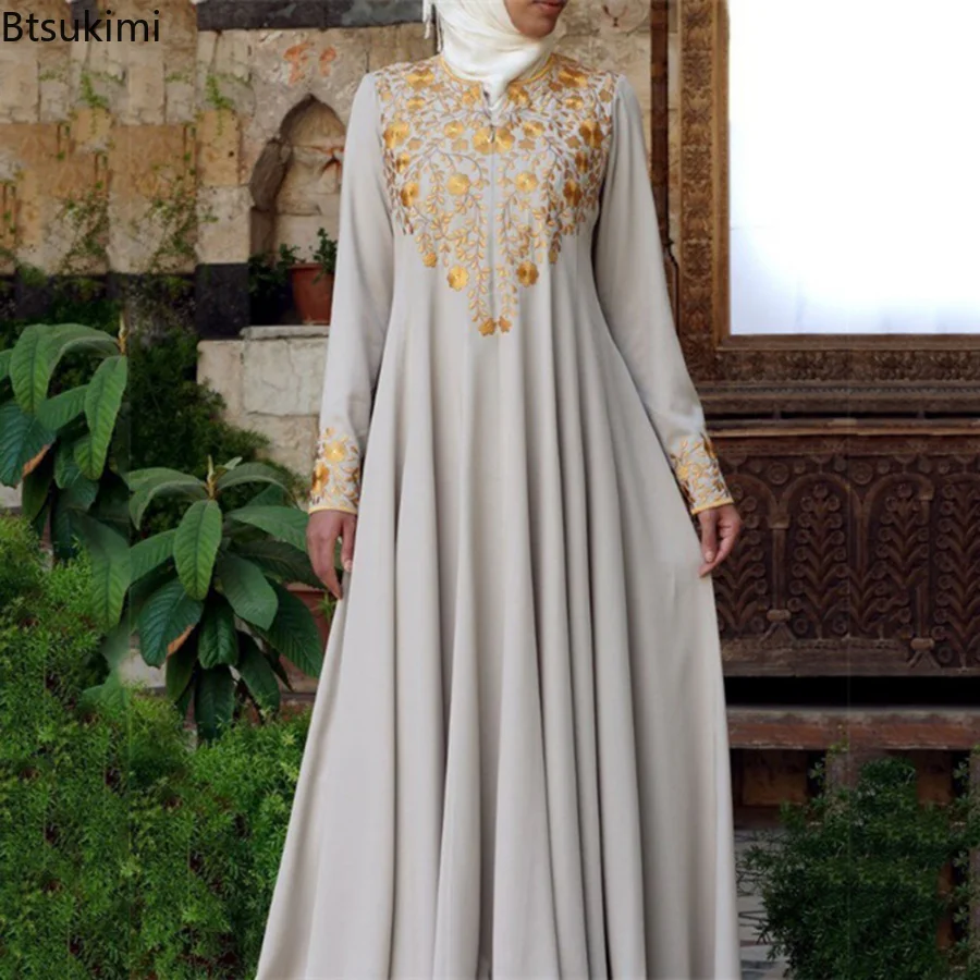 2023 Islamic Clothing Women Retro Ladies Elegant Long Sleeve V-neck Printed Chiffon Temperament Dress Women Autumn Muslim Dress