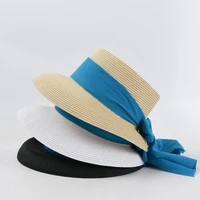 long short wide brim summer hat for women flat top big blue ribbon bow sun hat beach hat sun protection kentucky derby hat