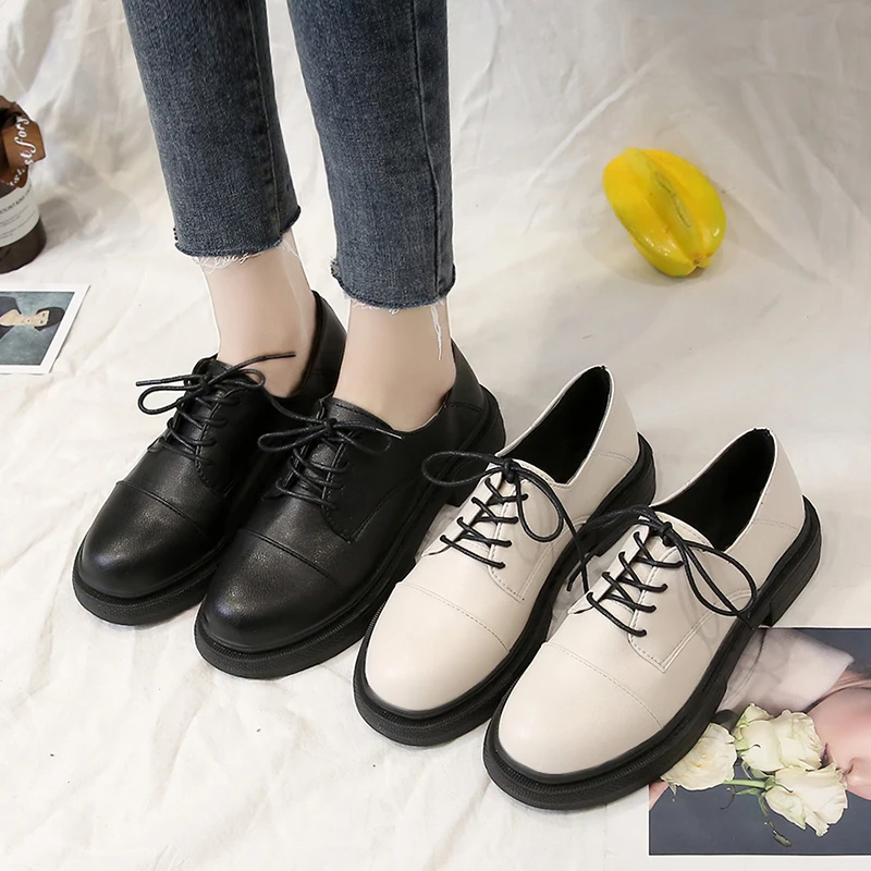 

Korean Shoes British Style Black Flats Female Footwear Round Toe Casual Sneaker All-Match Oxfords Women's 2022 Preppy Dress New
