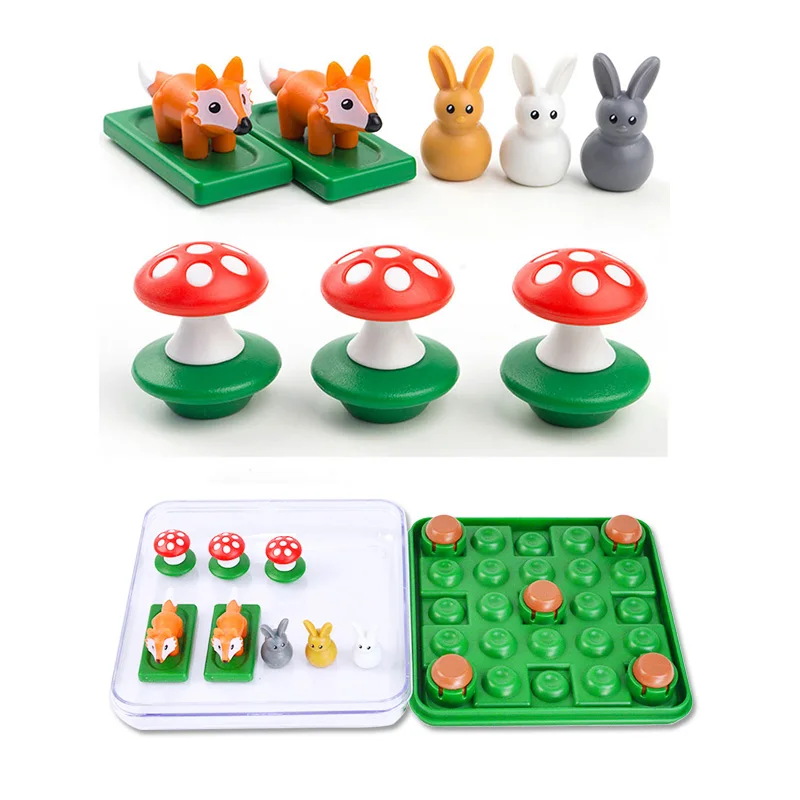 

Bunny Bouncing Game Kids Puzzle Board Checkers Toy Funny Rabbit Fox Moving Strategy Tabletop Gift for Children Brain Development