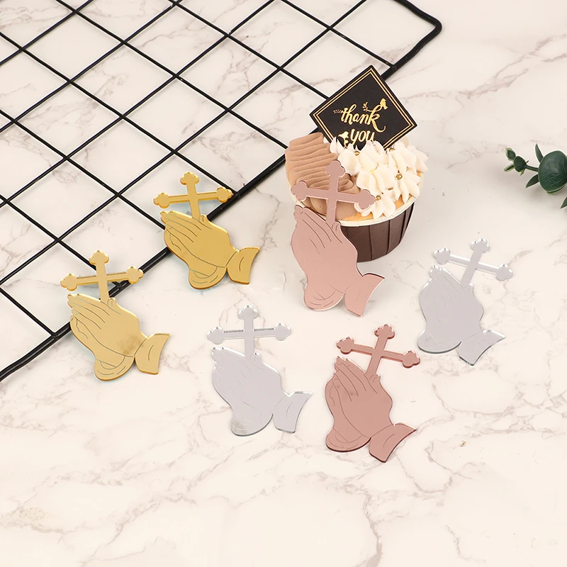 

5Pcs Mirror Acrylic Cross Cupcake Topper Christening Cake Decorations Baby Shower First Holy Communion Party Supplies