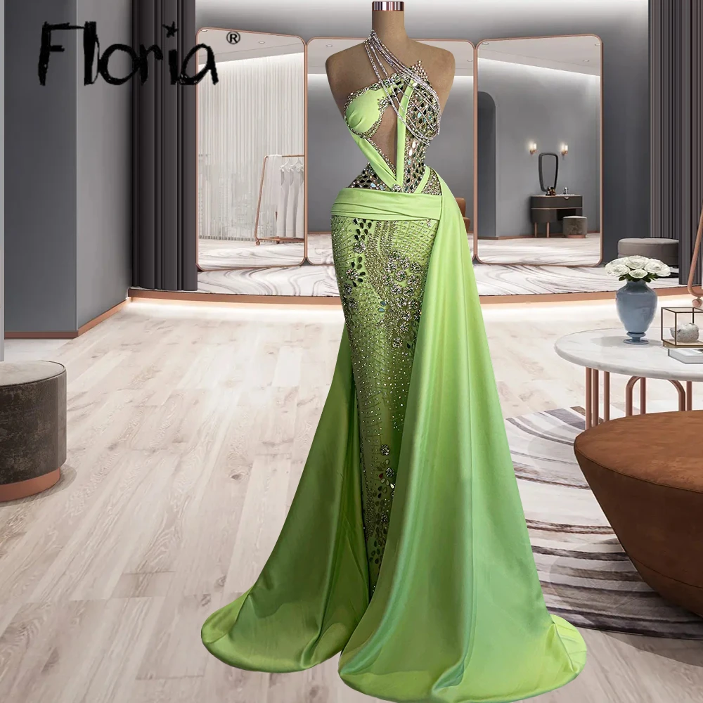 

Женское вечернее платье с открытой спиной, зеленое платье ручной работы с бисером и длинным шлейфом, 2023