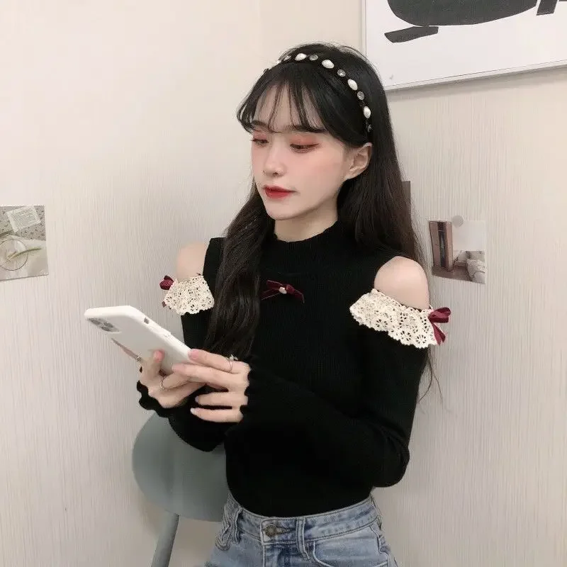 Свитера женские кружевные милые в японском стиле вязаные сексуальные тонкие