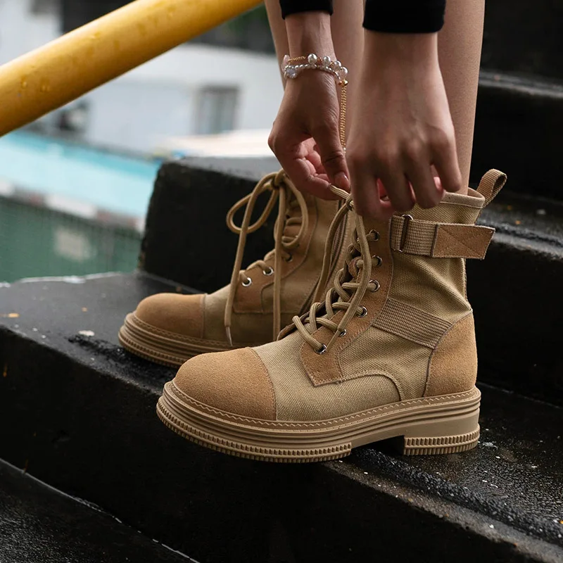 Summer Canvas Ankle Women Boots British Style Lace Up Round Toe Motorcycle Boots Side Zipper Mixed Color Popular Platform Shoes