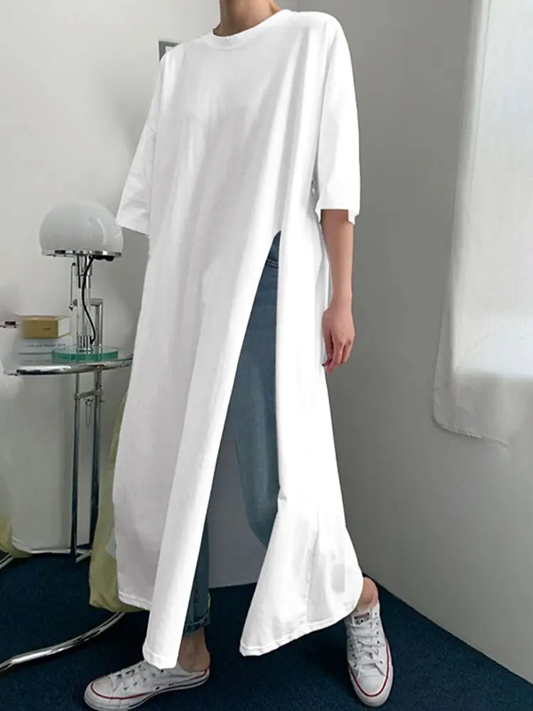 

ZANZEA Women 3/4 Sleeves Tops Tunics Casual Long Sleeve Blouses Side Splited Casual Solid Loose O Neck Tops Oversized Long Blusa