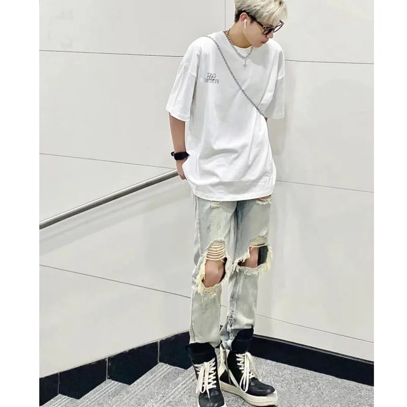 Summer Ripped Blue Jeans Men's Fashion Casual Straight Jeans Men Streetwear Loose Hip Hop Hole Denim Pants Mens Trousers S-2XL