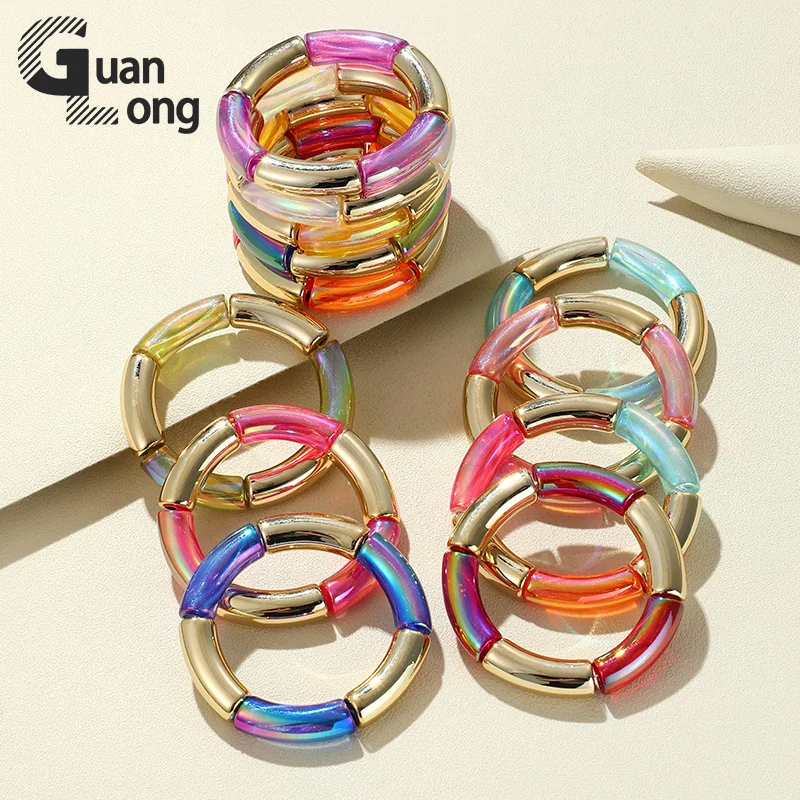 

GuanLong Trendy Colorful Resin Bamboo Bracelets For Women Jelly Color Stretch Beads Cuff Charm Bracelets & Bangles Elastic Gifts