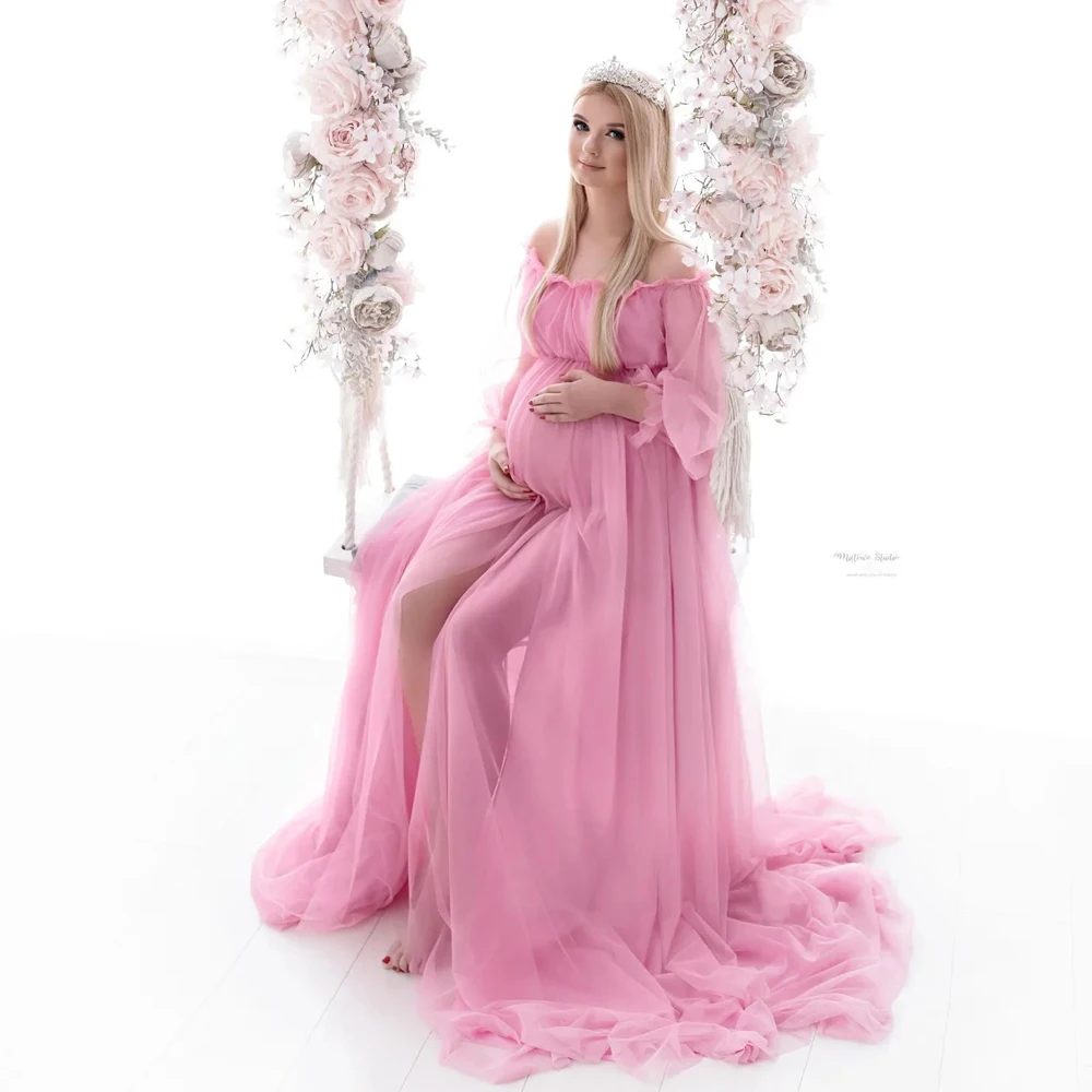 Maternity Dresses For Photo Shoot Baby Shower Sexy Off Shoulder Long Sleeve Pink Chiffon Dress Photography studio Clothing