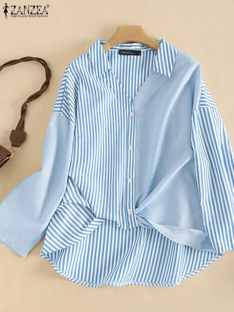 

Женская модная блузка ZANZEA, элегантная Асимметричная рубашка, топы в полоску с воротником с отворотом и длинным рукавом, Повседневная Туника...