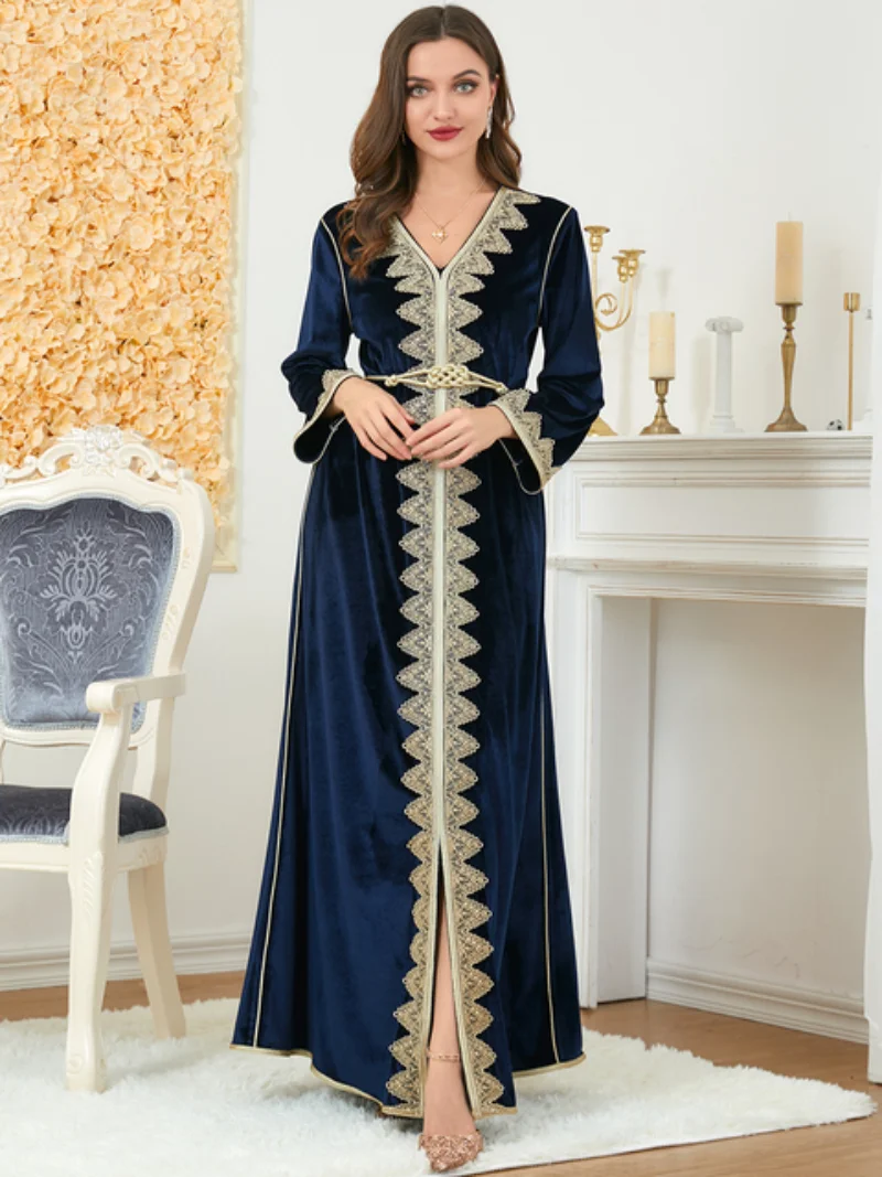 Dresses For Women 2022 Autumn Winter Velvet Embroidery V-Neck Long Sleeve Split Hem Robe Abayat Muslim Abaya Dress Dubai