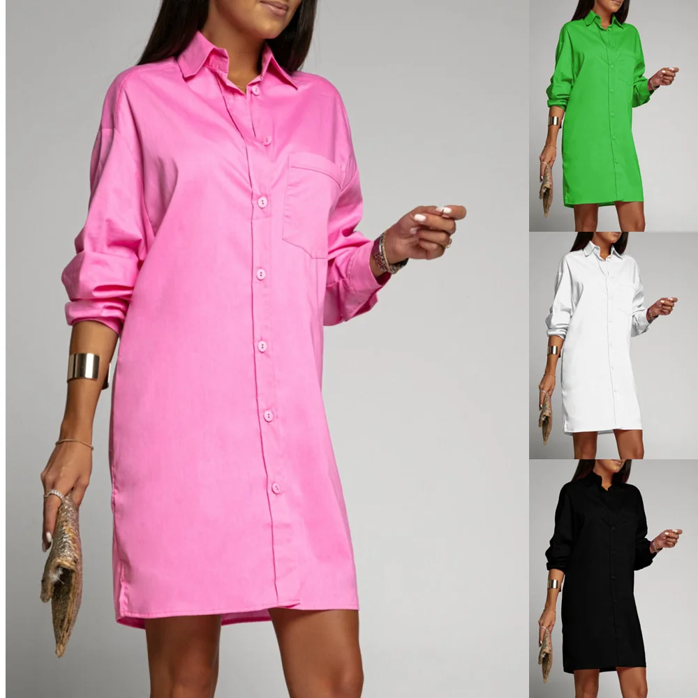 

Женское платье-рубашка на пуговицах, однотонное свободное платье-рубашка с длинным рукавом, V-образным вырезом и карманами, осень 2022