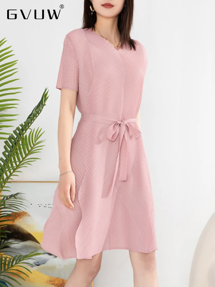 GVUW New Pleated Dress For Womenv-neck Lace-up Loose Short Sleeve Solid Color Casual 2023 Summer Female Elegant Clothing 17J0916