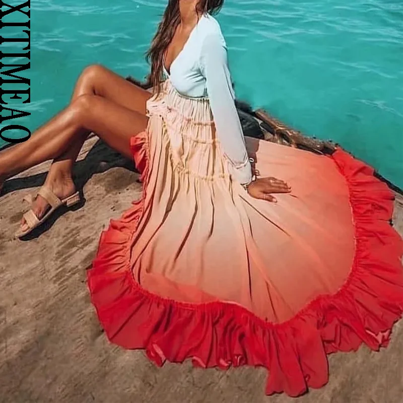

Xitimeao Summer Bohemia Beach Dress Women Casual Gradient Color Loose Dresses Long Sleeve V-Neck Single-Row Button Ruffled Dress