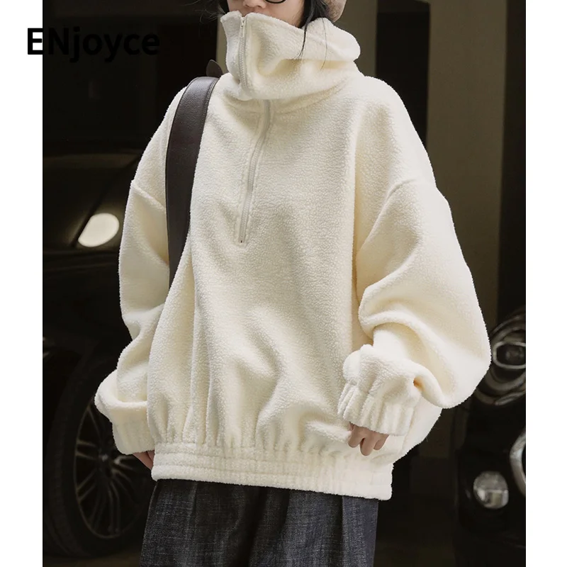 2022 Winter Women Large Lapel Plus Velvet Pullover Sweatshirt Female Casual Loose Oversized Thick Plush Warm Cotton Tops