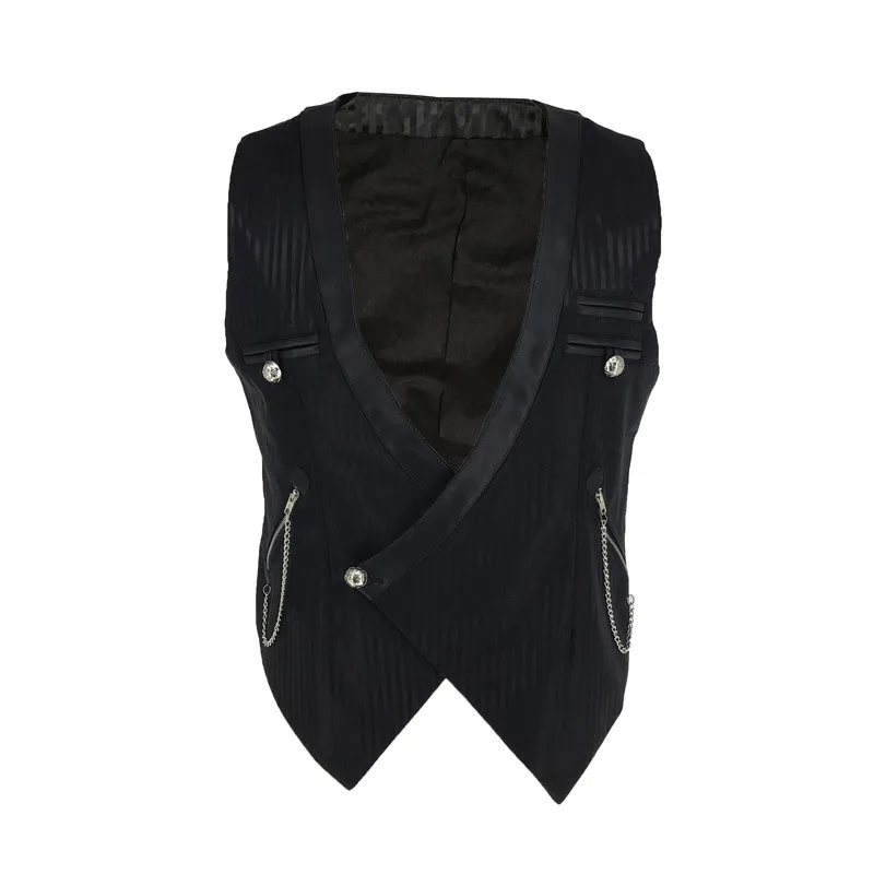 Men's Casual V-neck Vest Stripe One Grain Buckle Chain Leather Pocket Vest Coat