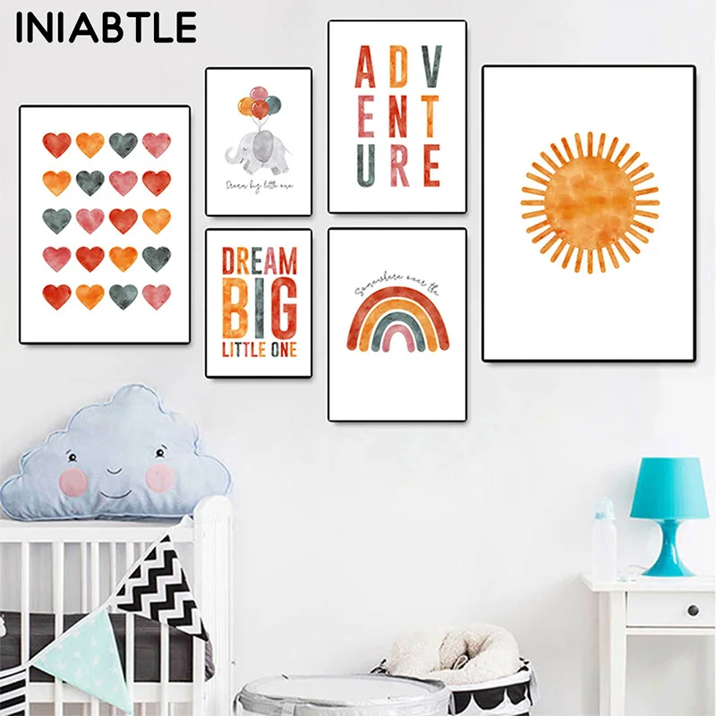 

Watercolor Rainbow Sun Heart Posters Prints Dream Big Nursery Wall Art Canvas Painting Child Picture Baby Kids Bedroom Decor