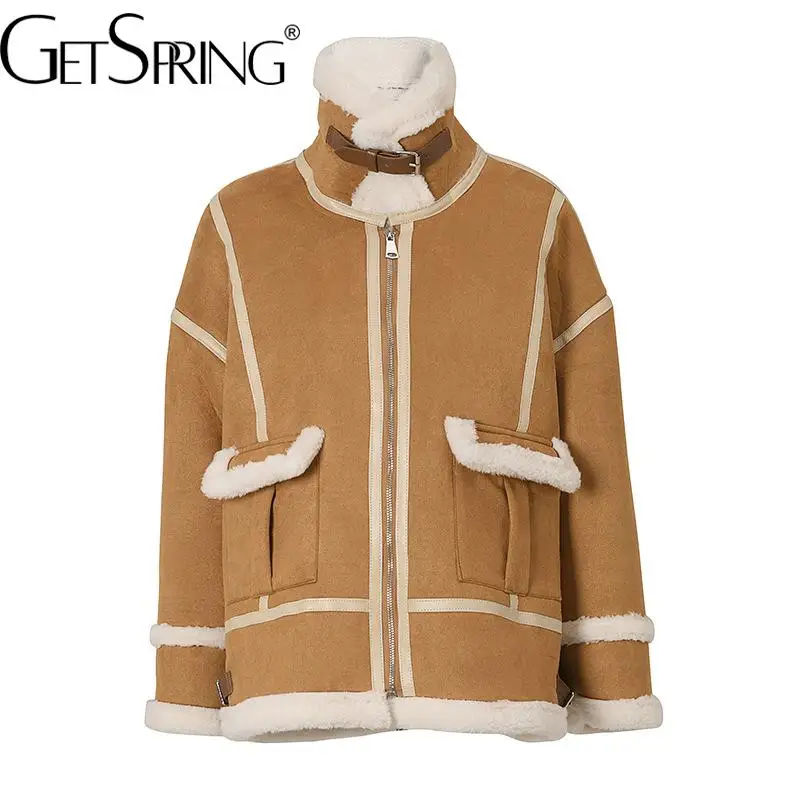 

GetSpring Women Coat 2022 Winter Patchwork Lamb Wool Suede Locomotive Clothing Fashion Loose Horn Buckle Cotton Padded Tops New