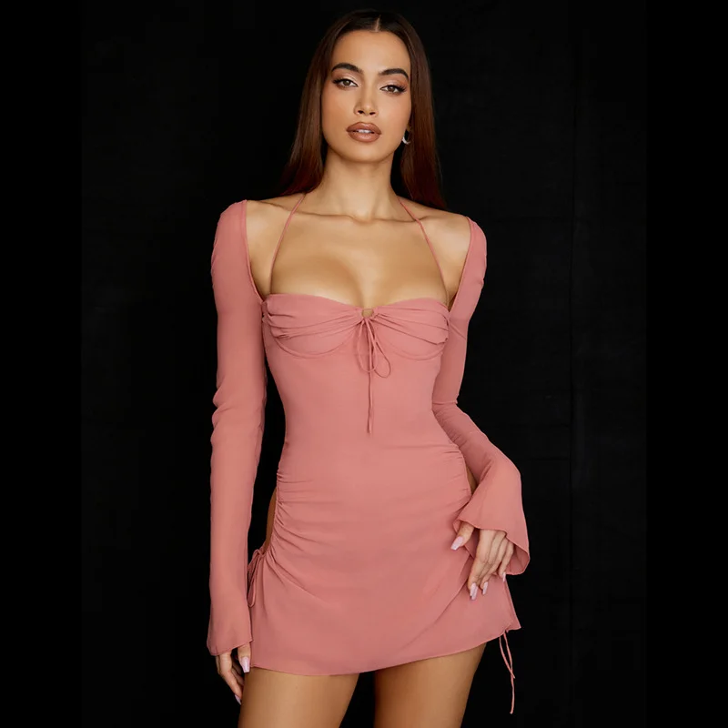 

Explosive autumn long-sleeved solid color with a high-waisted square-neck short skirt, wrapped chest, commuting pink waist dress