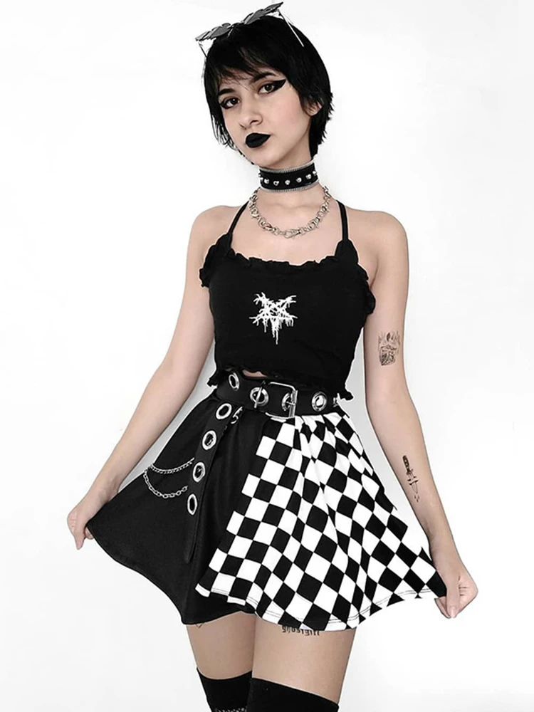 AltGoth Harajuku Punk Gothic Skirt Women Y2k E-girl Emo Alt Retro Plaid Patchwork High Waist Skirt Mall Goth Aesthteic Clubwear