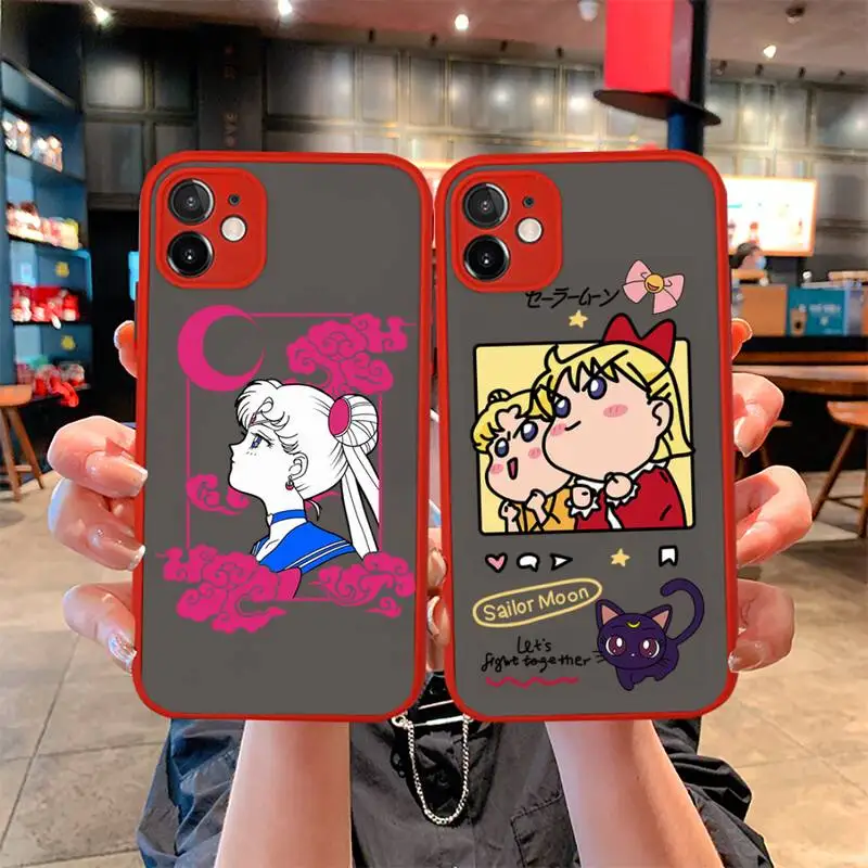 

Anime Sailor Moon Phone Case For iphone 12 11 Pro Mini Max XS X 8 7 Plus SE 2020 XR Matte Transparent Light red Cover