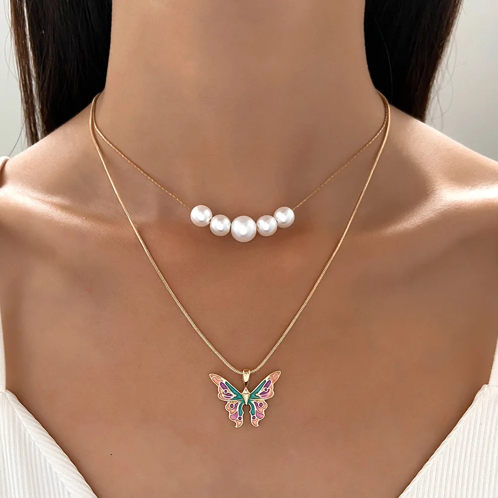 

CANPEL Fashion Women Butterfly Necklaces Thai Pop Butterfly Pearl Necklace Double Choker Chains Girl Jewelry Gifts