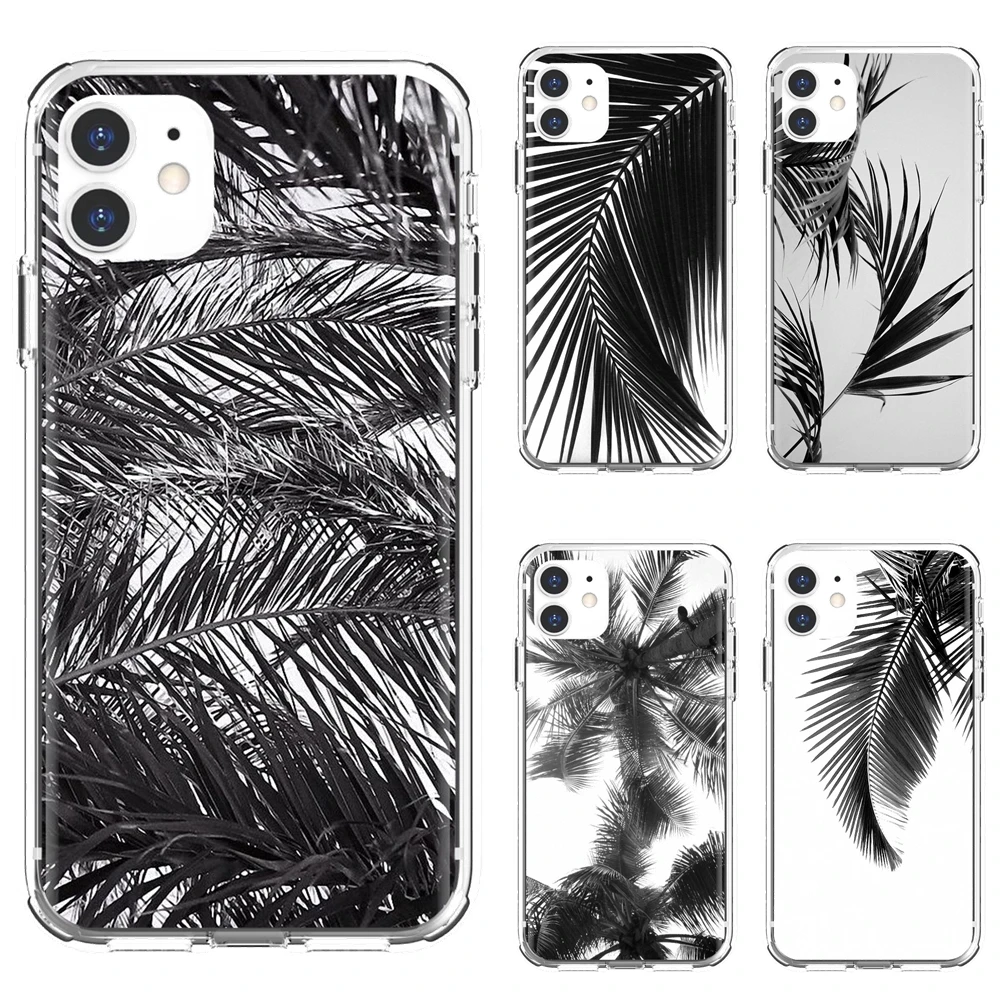 

Silicone Case Black-white-palm-leaves-palm-trees-Art For iPhone 10 11 12 13 Mini Pro 4S 5S SE 5C 6 6S 7 8 X XR XS Plus Max 2020