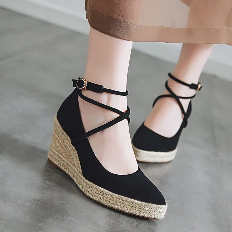 

Spring New Pointed Toe Wedges Casual Women Ankle Strap Hemp Espadrilles Pumps Platform High Heels Flock Shallow Shoes Female 44