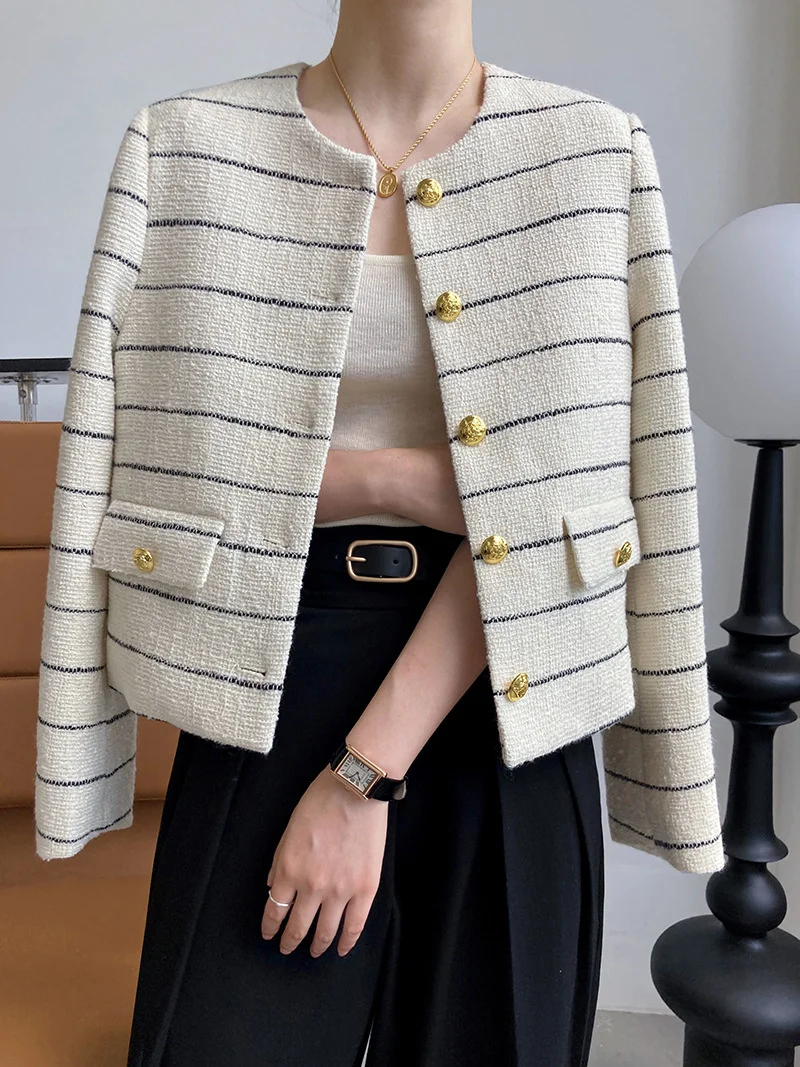 

Women's Striped Flap Detailed Gold Button White Tweed Short Jacket