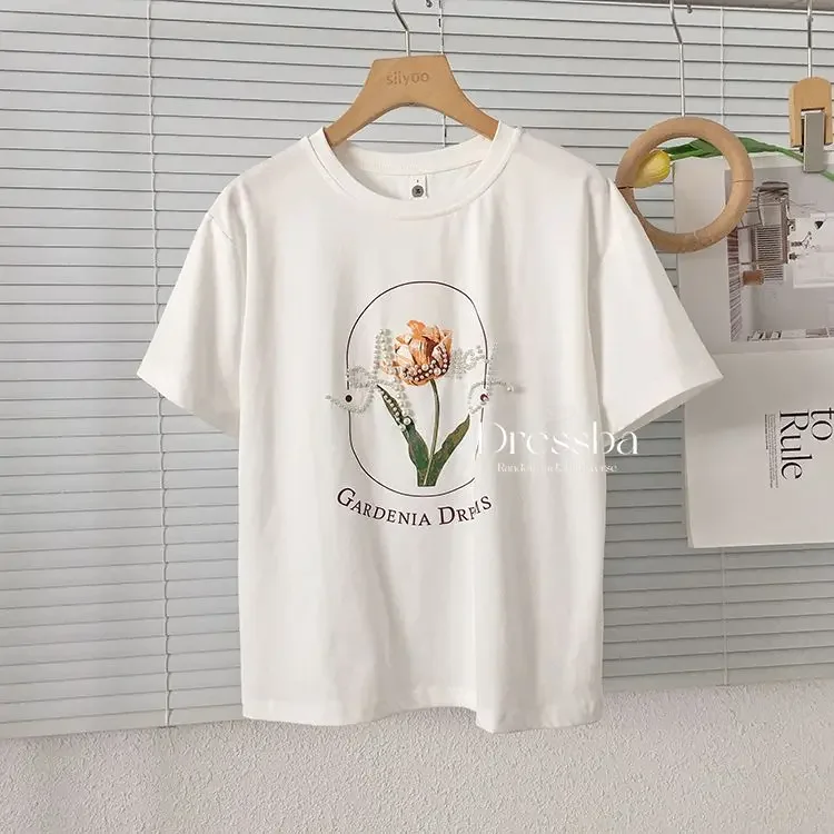 Новая летняя сверхпрочная футболка с жемчужным тюльпаном и круглым вырезом