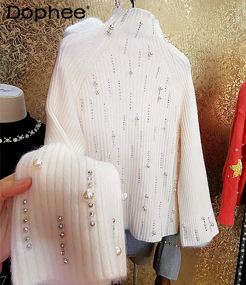 Женский свитер с длинным рукавом плотный теплый пуловер высоким воротником и