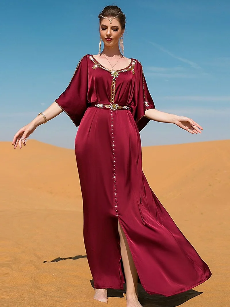 Eid Satin Abaya Dubai Muslim Dress Abayas for Women Turkish Party Dresses Islam Off Shoulder Diamonds Caftan Marocain De Soiree