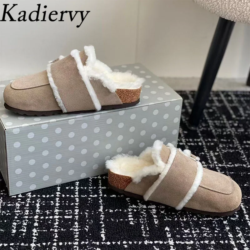 Женские замшевые шлепанцы круглый носок металлическая пряжка сланцы шерстяная