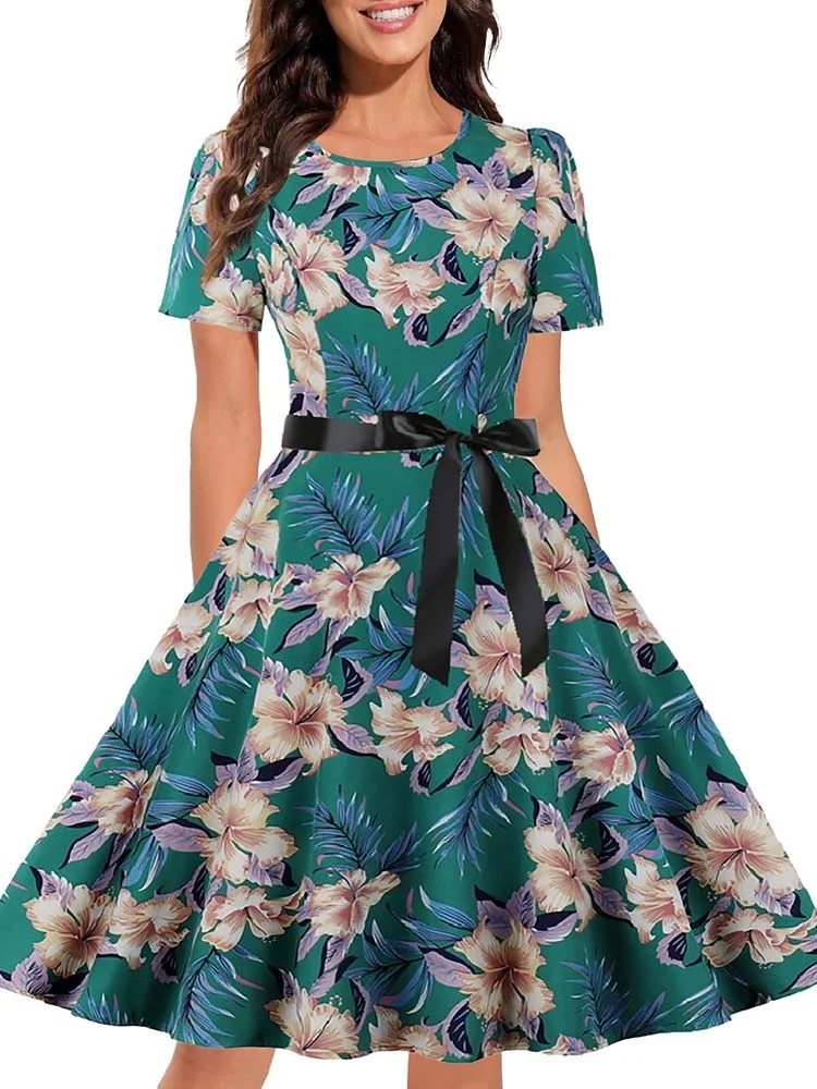 

Short Sleeve Summer Floral Dress Women Elegant Vintage Swing A-line Party Sundress Casual Midi Robe