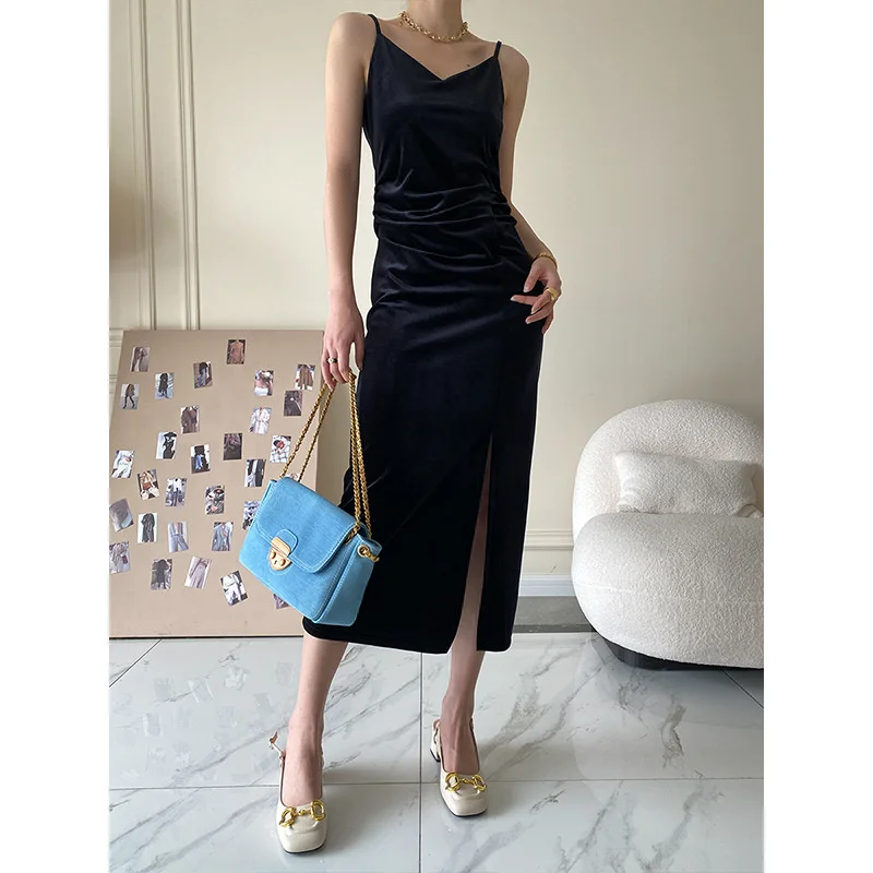 

Весеннее женское бархатное платье на бретельках с разрезом, V-образным вырезом, без рукавов, с высокой талией, Длинные вечерние однотонные п...