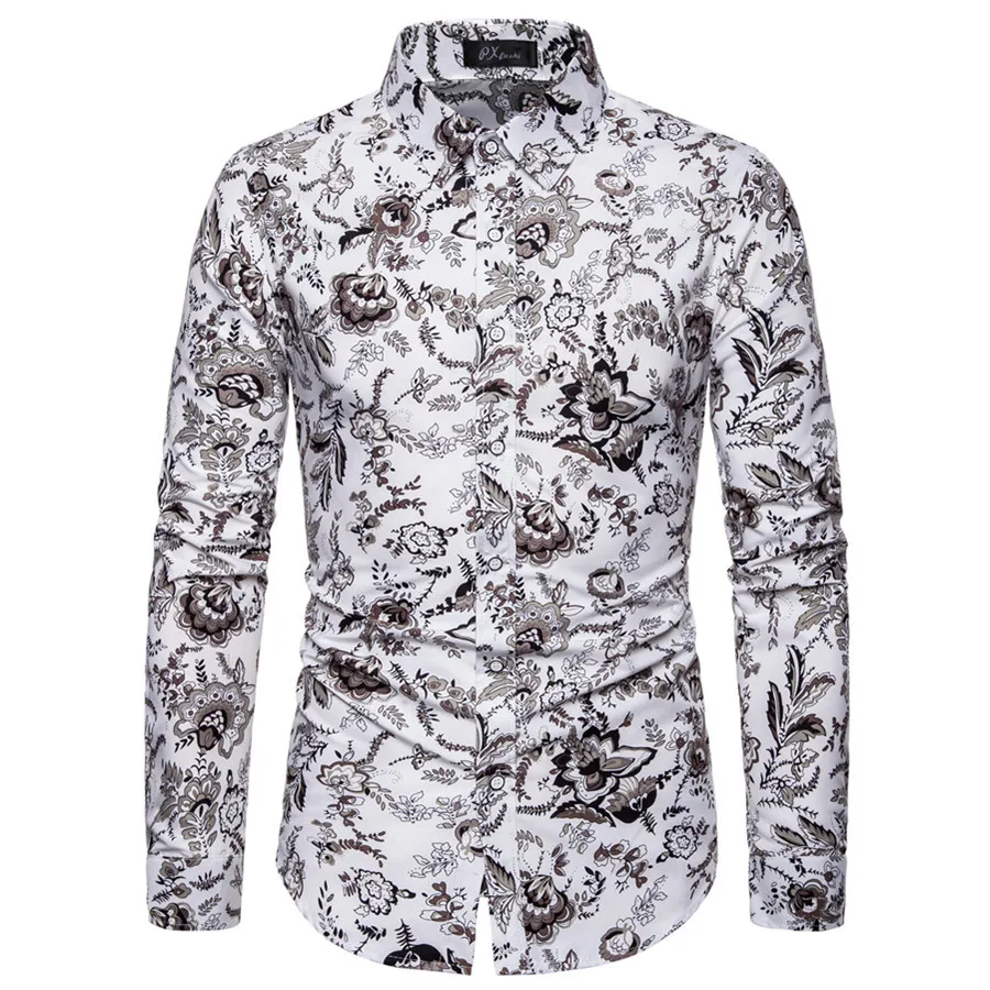 Mattswag Mens Gold Flowers Printed Long Sleeve T Shirts Autumn Winter Men's Clothing Stylish Shirt Casual Slim Fit Camisa Hombre