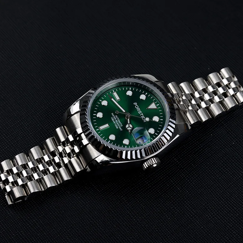 PORSTIER 36mm NH35 Men Watch Automatic Mechanical Classic Green Dial Date Luminous Sapphire Stainless Steel Waterproof Watches
