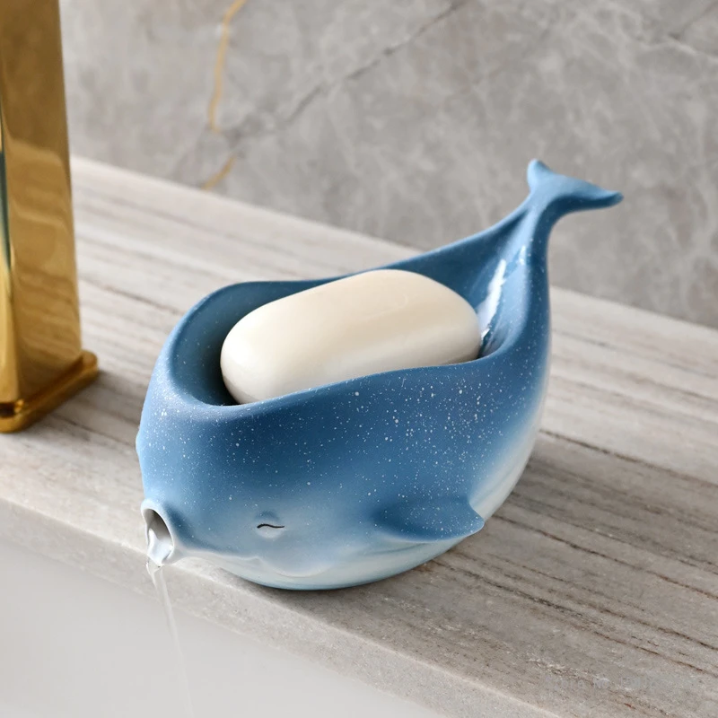 

1pc Creative Light Luxury Ceramic Drain Soap Box Blue Starry Sky Whale Shaped Home Bathroom Accessories Soap Box Storage Rack