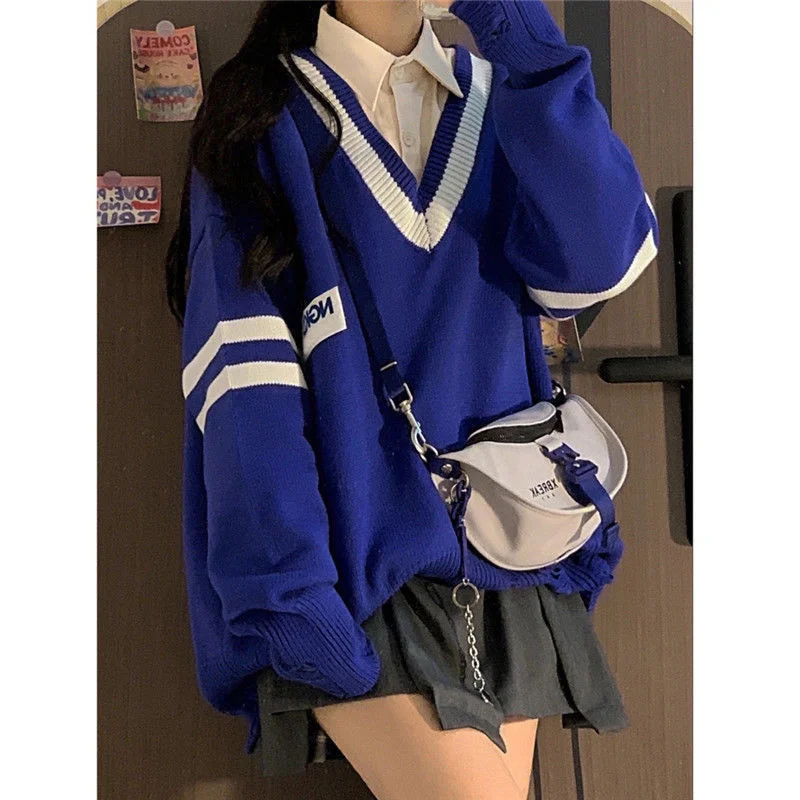 

2023Hot sale Harajuku Sweater Women Y2k Preppy Style Vintage Jumpers Ladies V-neck Oversized Streetwear Chic Pullover Casual Kor